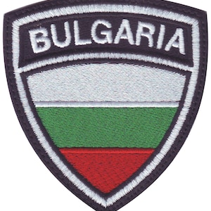 May include: Embroidered patch with the Bulgarian flag and the word "BULGARIA" in white lettering on a black background.
