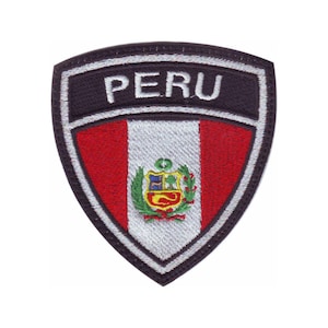 May include: Embroidered patch with the Peruvian flag and the word "PERU" in white lettering on a black background. The patch is shaped like a shield.