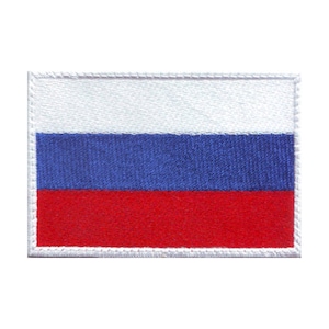May include: A white, blue, and red embroidered patch of the Russian flag.