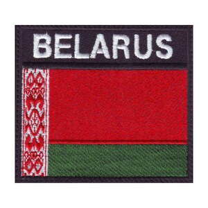 May include: Embroidered patch with the word "BELARUS" in white lettering on a black background. The patch features the Belarusian flag with a red field, a green stripe at the bottom, and a white and red pattern on the hoist side.