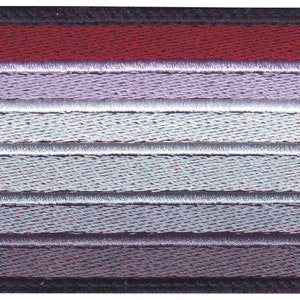 May include: A red, white and grey striped fabric patch with a black border.