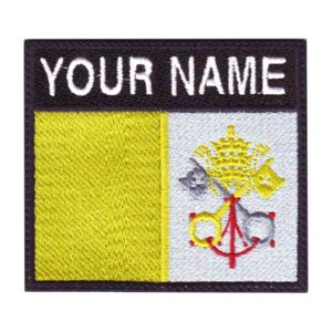 May include: A black and white embroidered patch with the Vatican City flag and the text "YOUR NAME" in white.
