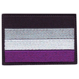 May include: A rectangular patch featuring the asexual pride flag. The flag design includes horizontal stripes in black, gray, white, and purple. The patch has a black border and is likely made of fabric.