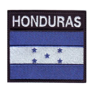 May include: Embroidered patch with the Honduran flag. The flag is blue, white, and blue with five white stars on the white stripe. The patch has a black border and the word "HONDURAS" in white letters on a black background.