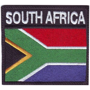 May include: Embroidered patch with the South African flag. The flag features a black triangle with a yellow border, a red band, a green band, and a blue band. The patch has a black border and the words "SOUTH AFRICA" in white.