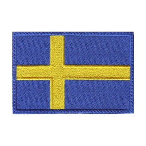 May include: A blue and yellow embroidered patch featuring the flag of Sweden.