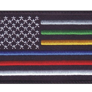 May include: An embroidered patch with a thin black border, featuring a traditional American flag design with five thin stripes in the colors of red, blue, yellow, green, and white. The stripes are arranged in a pattern that represents the support for first responders.