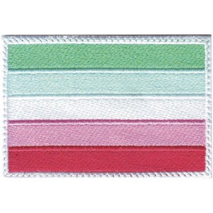 May include: Embroidered patch featuring a rectangular design with horizontal stripes. The stripes are in shades of green, light blue, white, pink, and red. The patch has a white border with a stitched edge.