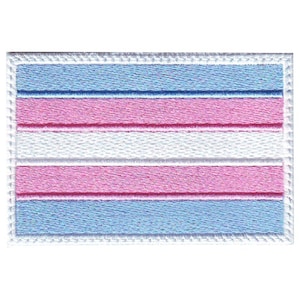 May include: A white embroidered patch with five horizontal stripes in light blue, pink, white, pink, and light blue.