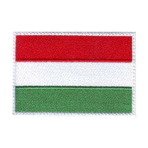 May include: An embroidered patch featuring the flag of Hungary. The flag is red, white, and green with a white border.