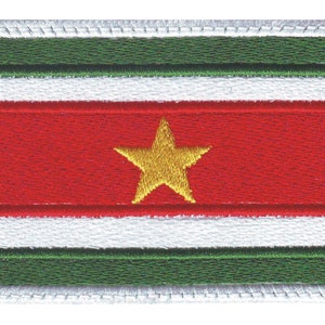 May include: Embroidered patch featuring the flag of Suriname. The flag is red with a yellow five-pointed star in the center, bordered by green and white stripes.