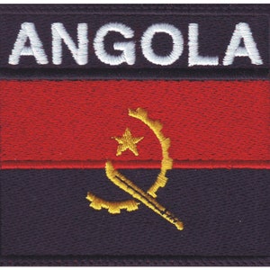 May include: Embroidered patch with the word "ANGOLA" in white lettering above a red and black flag with a gold gear and star emblem.