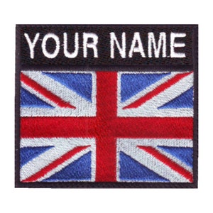 May include: An embroidered patch featuring the Union Jack flag with the text "YOUR NAME" above it.