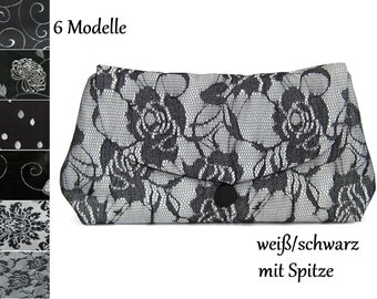 Handtasche, Abendtasche, Clutch, klein, schwarz, weiß, Taft, festlich, elegant, Spitze, Stickerei