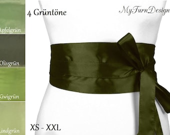 Tie belt, waist belt, wide belt, festive, green, obi olive green, green obi, fabric belt, taffeta, XS, S, M, L, XL, XXL, bow