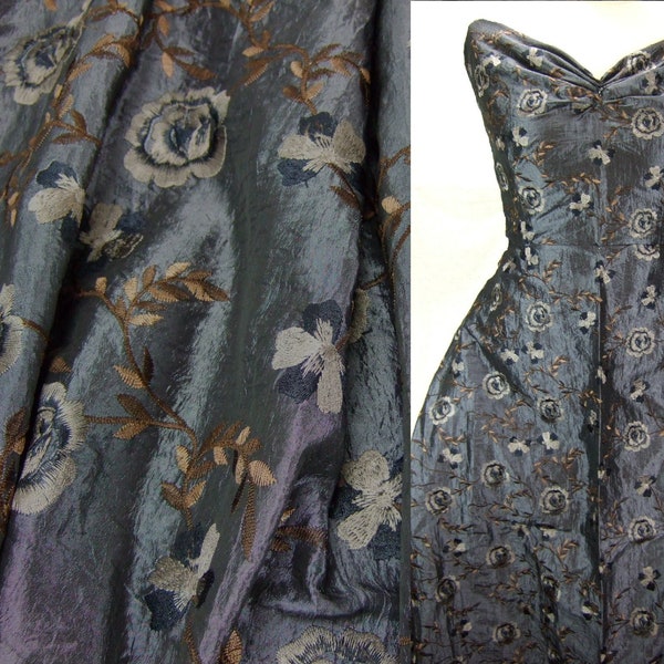 Kleidertaft, Taftstoff, Rosen, blau grau, Stoff für Abendmode,  Abendkleid, festlich, viktorianisches Kleid, Gewandung, Trachtenstoff,Dirndl