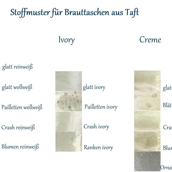 Stoffmuster für Brauttaschen