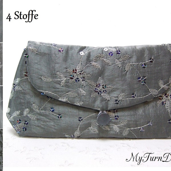 Handtasche, Abendtasche, Clutch, klein, grau, Taft, festlich, elegant, Pailletten, Stickerei, Blumen