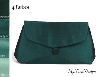 Handtasche, kleine Clutch, Abendtasche,  Taft, Tasche aus Taft, klein, dunkelgrün, petrol, aqua-grün, mintgrün, festlich, elegant