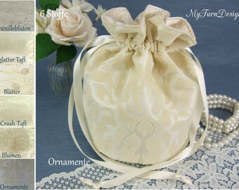 Brauttasche creme, Brautbeutel creme, Taftbeutel, Samt Ornamente, festlich, Hochzeit, Beuteltasche, Pompadourbeutel, schlicht, Taft, elegant