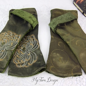 Cuffs olive green, arm warmers taffeta, hand warmers embroidered, cuffs double-sided, wrist warmers dark green, velvet cuffs, gift for Valentine's Day