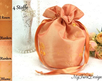Pompadour bag, bucket bag, dirndl bag, traditional bag, evening bag, embroidery, orange, jewelry bag, romantic, dance ball, taffeta bag