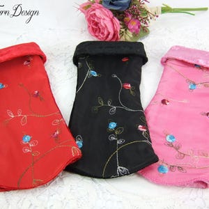 Festive arm warmers, hand warmers embroidered flowers, reversible cuffs, taffeta wrist warmers, velvet cuffs, romantic, red, pink, black
