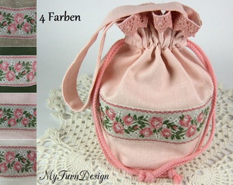 Linen bag pink, pompadour bag, traditional bag, pink dirndl bag, Oktoberfest, bucket bag, pink, roses, lace, vintage, upcycling