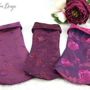 Wrist warmers purple, arm warmers made of taffeta, hand warmers, two-sided warmers, velvet warmers, elegant, embroidered, roses, sequins, berry colors