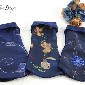 Blue wrist warmers, taffeta arm warmers, reversible hand warmers, velvet cuffs, taffeta cuffs, blue cuffs, embroidered, elegant, gift for girlfriend