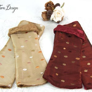 Cuffs, arm warmers taffeta, hand warmers embroidered, cuffs two-sided, wrist warmers dots, velvet cuffs, gift for woman, dotted, beige red