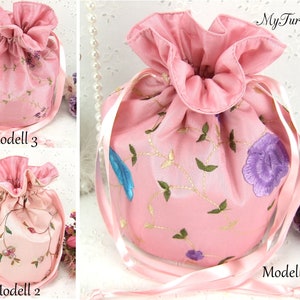 Pompadourbeutel, Schmuck Beutel, Tasche für Schmuck, Utensilo, Schmuck Aufbewahrung, rosa, romantisch, Blumen, Stickerei, Taft, Geschenk