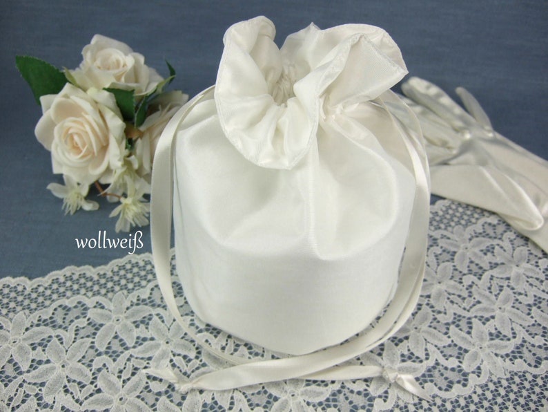 Pompadour, Beutel, Beutel Hochzeit, Brauttasche, Brautbeutel, Taft, weiß, ivory, creme, schlicht, festlich, Hochzeit, Beuteltasche,elfenbein Wollweiß