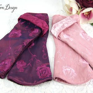 Taffeta arm warmers, hand warmers embroidered roses, two-sided, reversible cuffs, pink wrist warmers, velvet cuffs, berry arm warmers, festive cuffs
