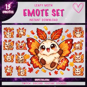 Op de afbeelding: Een digitale emote-set met 13 illustraties van een pluizig mot-personage met oranje en rode bladachtige vleugels. De tekst bevat LEAFY MOTH EMOTE SET, INSTANT DOWNLOAD, SHOPXTINA.COM, TWITCH DISCORD YOUTUBE STICKERS en diverse emote-labels.