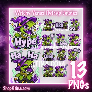 Può includere: Una raccolta di 13 emote digitali raffiguranti una pianta carnivora verde che indossa un cappello da strega viola con una mezzaluna. Le emote includono testi come Hype, Ha Ha, BRB, GG, Hi, Bye, Lurk e Raid, insieme a varie espressioni.