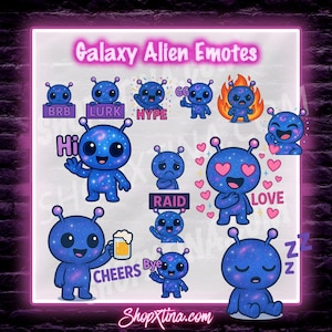 Peut inclure: Ensemble d'émoticônes d'aliens sur le thème de la galaxie, dans diverses poses et expressions. Les aliens bleus ont une texture étoilée et sont affichés avec des bulles de texte indiquant "BRB", "LURK", "HYPE", "GG", "Hi", "RAID", "LOVE", "CHEERS" et "Bye". L'image a une bordure violette et le texte "Galaxy Alien Emotes".