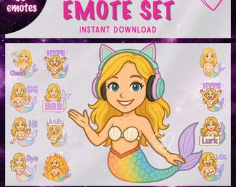 Può includere: Un set digitale di 13 emote sirena color pastello con un personaggio biondo che indossa cuffie con orecchie da gatto. Il testo recita Pretty in Pastel Mermaid Emote Set, Instant Download, e include varie espressioni con etichette come Cheers, Hype, GG, BRB, Hi, Raid, Bye, Lurk e LOL.