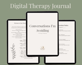 May include: Three digital tablets displaying pages from a digital therapy journal. The center tablet shows "Conversations I'm Avoiding." The other tablets show journal pages with text like "Welcome to Your Therapy" and "Session Notes."