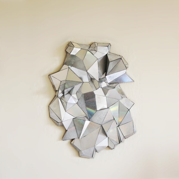 geometric mirror handmade home decor pop art sculpture from recycled materials upcycled broken cd  art recycle modern design