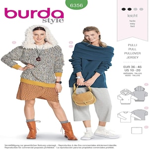 May include: A Burda Style magazine cover featuring two sweater designs. One model wears a speckled sweater with a faux fur hood and a polka dot skirt. The other model wears a teal off-the-shoulder sweater with gray pants. The text reads "PULLI PULL PULLOVER JERSEY".