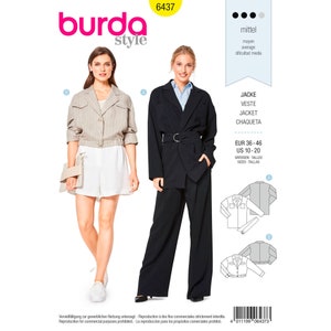 May include: A Burda Style sewing pattern, number 6437, featuring two jacket designs. One is a cropped, button-up jacket, and the other is a long, belted blazer. The pattern includes sizes EUR 36-46 and US 10-20. The difficulty level is average.