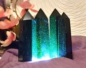 Green Goldstone Tower, Carved Sandstone Obelisk Wand Point, Wealth Prosperity Abundance Money Magick, Emerald Color Witchy Decor Pagan Altar