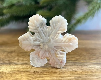 Flower Agate Snowflake Carved Stone Cabochon - Natural Crystal Gemstone Undrilled Pendant - Winter Yule Gift