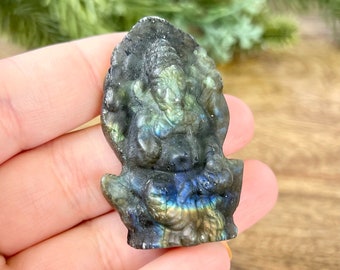 Lord Ganesha Labradorite Crystal Amulet - Genuine Carved Stone Cabochon - Magic Talisman of Elephant God Ganesh