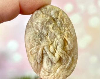Guardian Angel Prayer Amulet - Natural Crystal Sunstone in Moonstone - Belomorite Carved Stone Cabochon Protection Gift