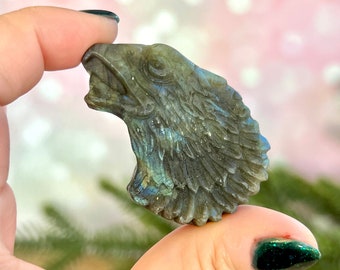 Bald Eagle Crystal Talisman - Labradorite Carved Stone Cabochon - Animal Guide Magic Amulet or Spirit Vessel