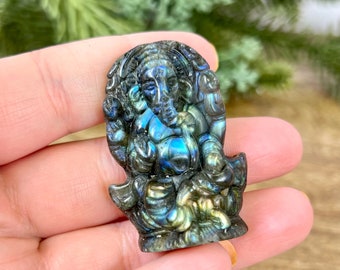 Lord Ganesha Labradorite Good Luck Crystal Talisman - Natural Gemstone Carved Stone Cabochon - Elephant God Ganesh