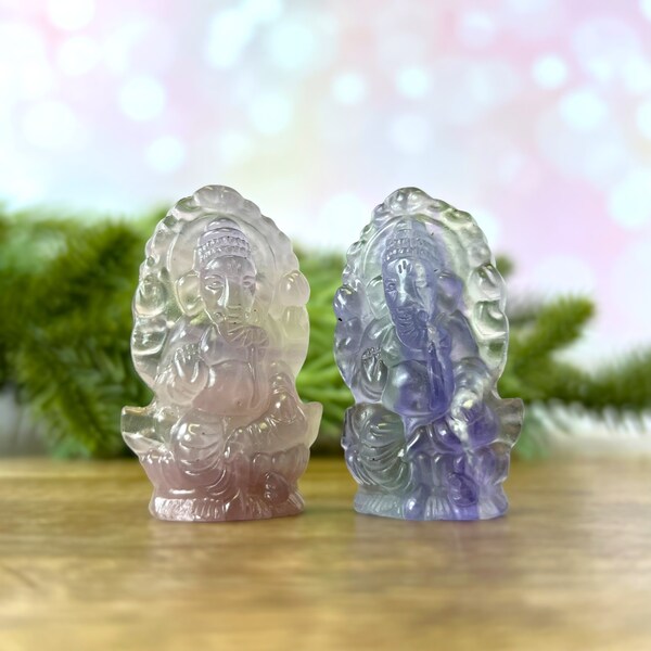 Ganesh Rainbow Fluorite Crystal - Carved Stone Cabochon - Hindu Elephant God Lord Ganesha Statue - Remove Obstacles & Manifest Prosperity