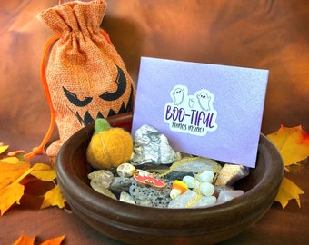 Halloween Crystal Confetti Scoop Bundle in Jack o Lantern Pumpkin Bag - Necklace &  Stickers - Amethyst, Citrine, Lava Stone, Tourmaline